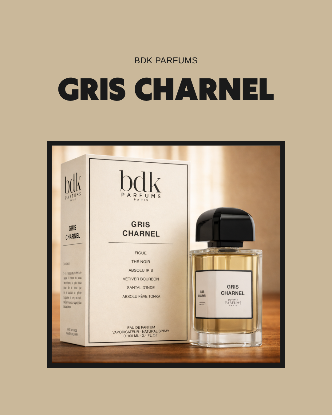 BDK Gris Charnel — flacon en lumière chaude, style Jovoy Paris
